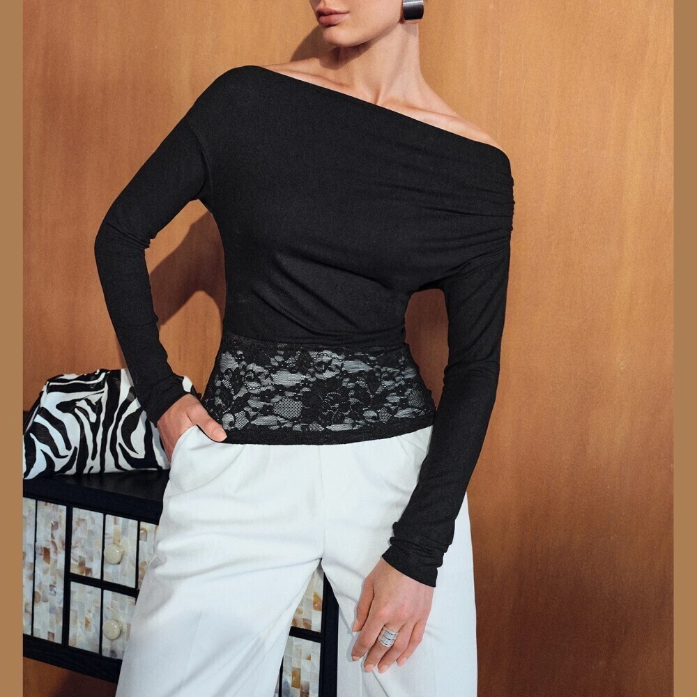 Black Lace Panel Off The Shoulder Ruched Long Sleeve Slim Fit Tee Top